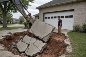 Crew removing a broken driveway panel beside a garage, Concrete Slabs in Munster