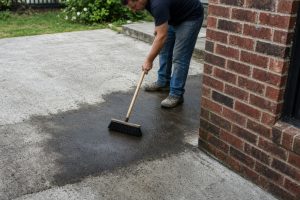 Worker brushing stain onto a gray patio - Concrete Staining in Calumet City