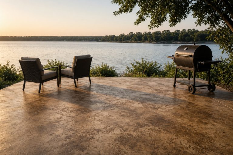 Finished warm brown stained patio facing a lake — Concrete Staining in Cedar Lake