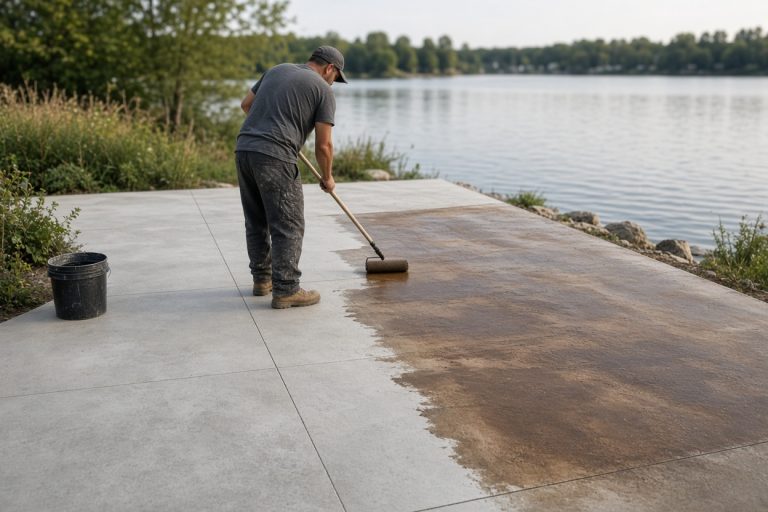 Worker rolling brown stain across a clean patio slab — Concrete Staining in Cedar Lake