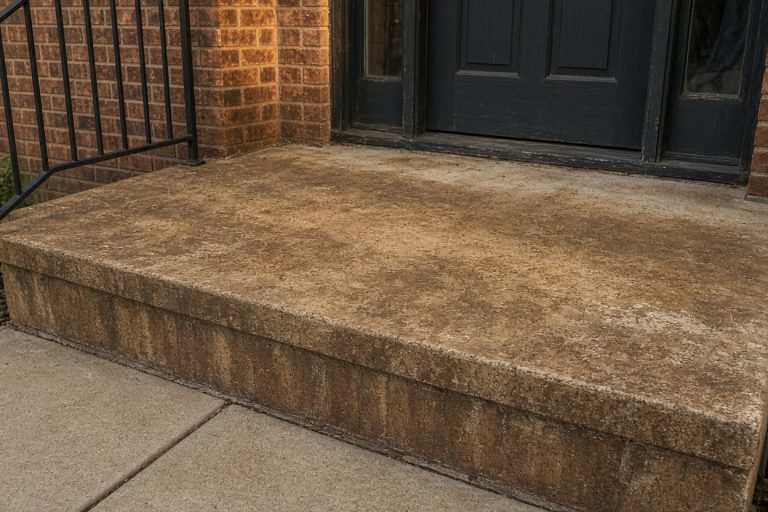 Finished mottled brown stain on a front concrete stoop — Concrete Staining in Dolton