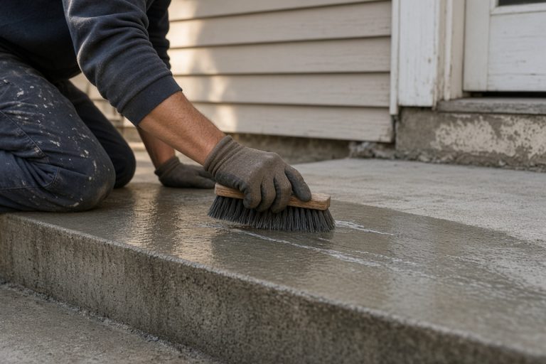 Worker scrubbing a dull gray concrete porch before stain — Concrete Staining in Dolton