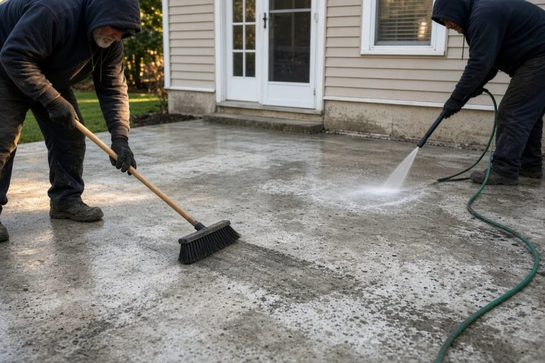 Crew scrubbing a blotched gray patio slab — Concrete Staining in Dyer
