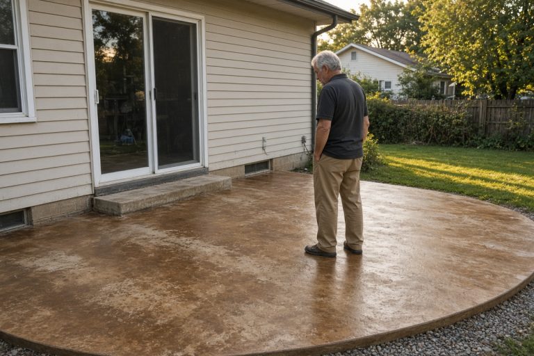 Finished brown stained patio beside an older ranch — Concrete Staining in Dyer