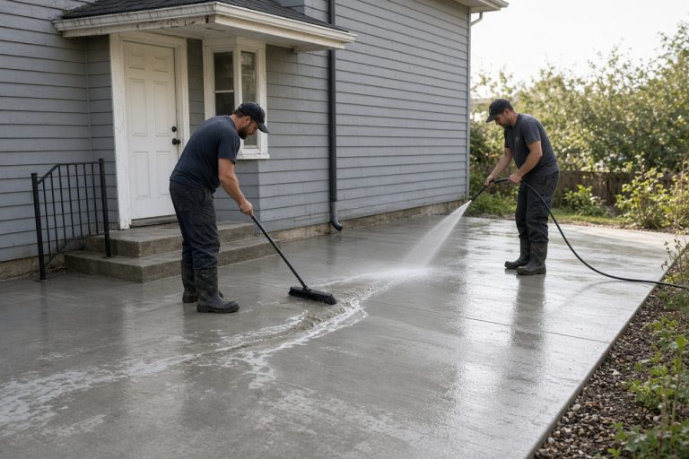 Crew washing a plain gray patio before stain goes on — Concrete Staining in Hammond