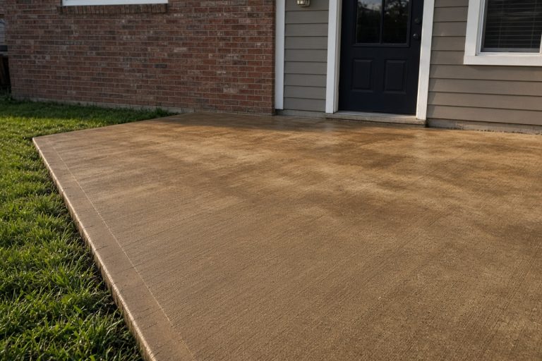 Finished earth-tone patio behind an older brick house — Concrete Staining in Hammond