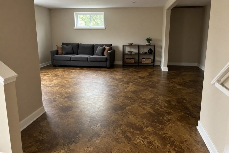 Mottled brown stain on a finished basement rec room floor - Concrete Staining in Lansing