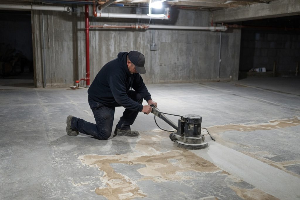 Worker grinding carpet glue from a gray basement slab - Concrete Staining in Lansing