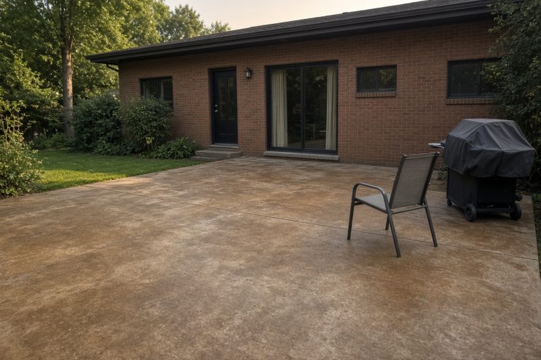 Finished brown stained patio behind a brick ranch with a grill — Concrete Staining in Munster