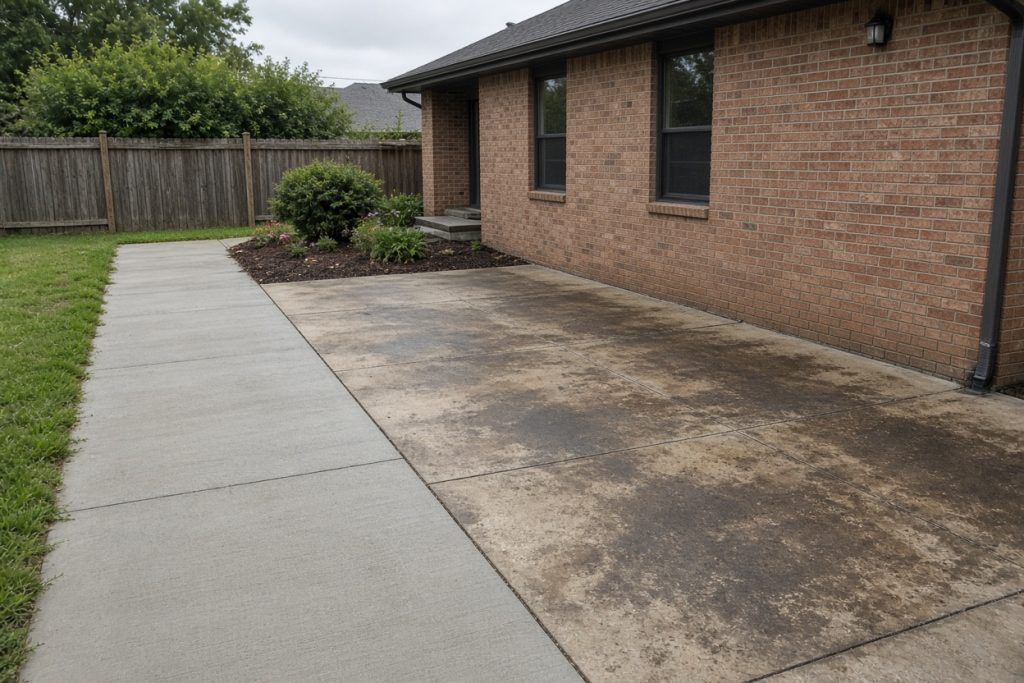 Gray service walk beside a stained patio in a side yard — Concrete Staining in Munster
