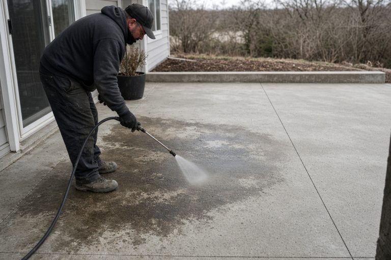 Worker spraying stain on a cleaned gray patio by the house — Concrete Staining in Munster