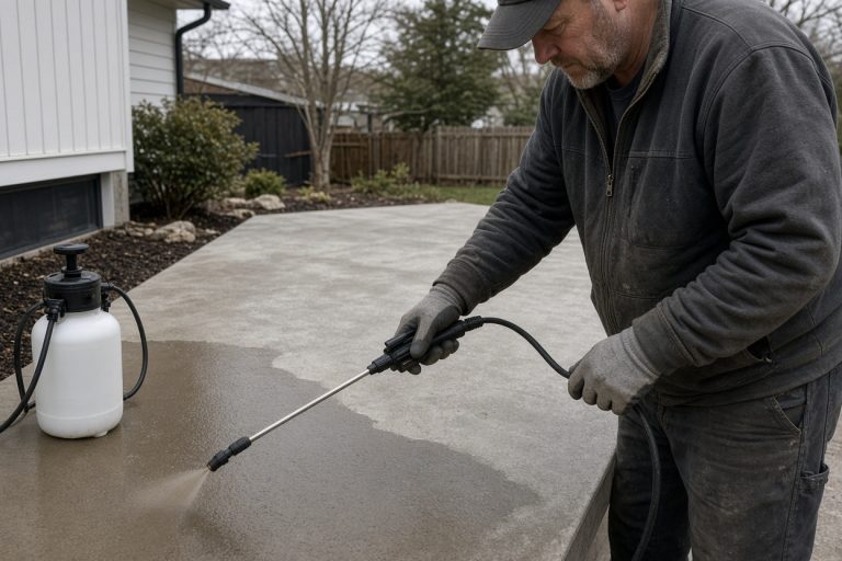Worker spraying stain on a cleaned gray patio — Concrete Staining in South Holland