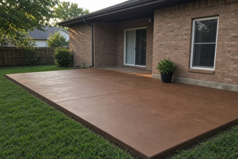 Finished brown stained patio behind a brick ranch — Concrete Staining in South Holland