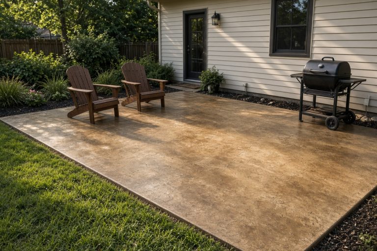 Sealed brown patio stain with chairs and a grill — Concrete Staining in St. John
