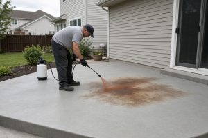 Worker spraying stain across a gray patio slab — Concrete Staining in St. John