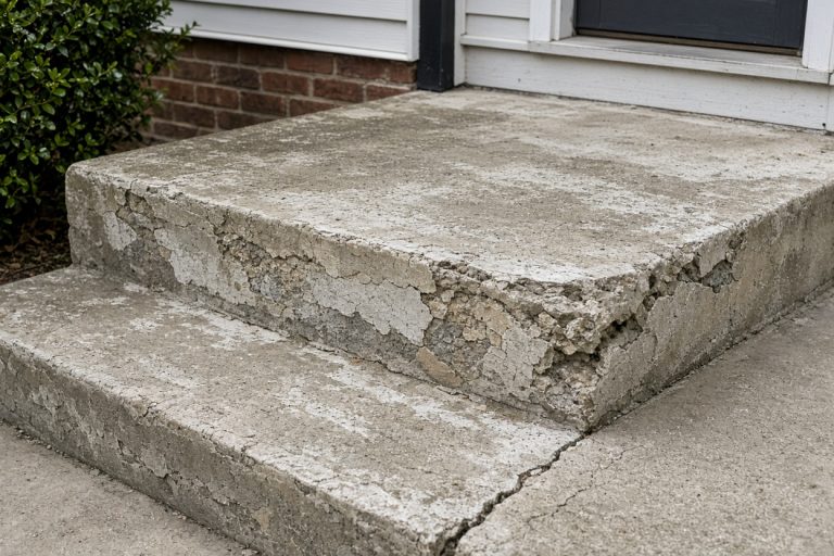 Spalled concrete front steps with a chipped tread nose — Concrete Steps in Crown Point