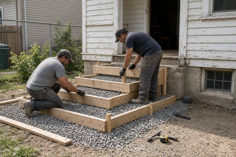 Crew setting wood forms for new porch steps — Concrete Steps in East Chicago