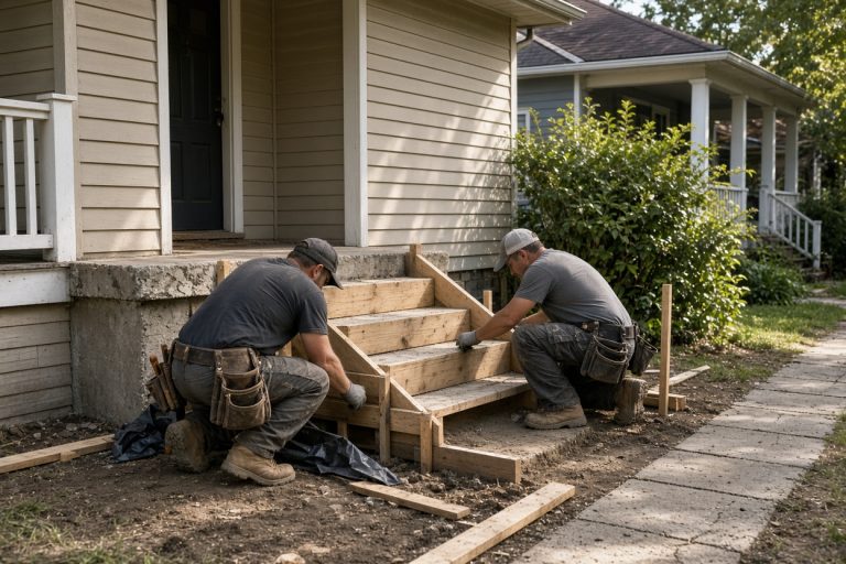 Crew forming new porch steps beside a bungalow — Concrete Steps in Gary
