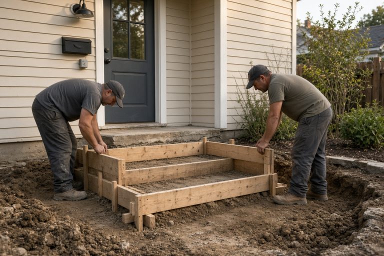 Crew setting wood forms for a short front entry — Concrete Steps in Griffith