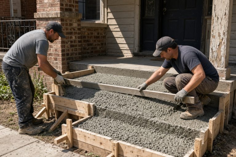 Crew placing fresh concrete in step forms at an older house, Concrete Steps in Hammond