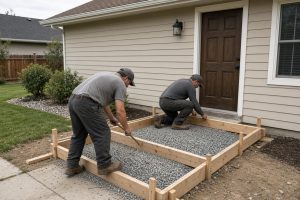 Crew forming a new front stoop beside a ranch entry — Concrete Steps in Highland