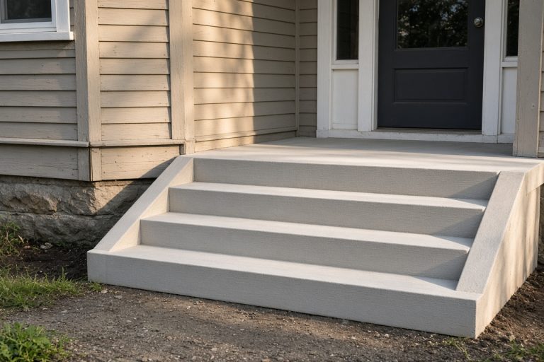 New broom-finished front steps at an older porch — Concrete Steps in La Porte