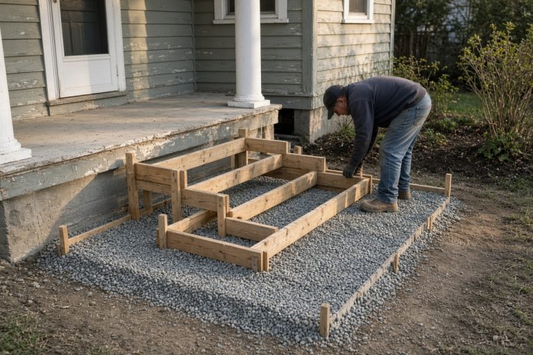 Wood forms and gravel base for a front entry — Concrete Steps in La Porte