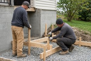 Workers setting wood forms for split-level front steps — Concrete Steps in Merrillville