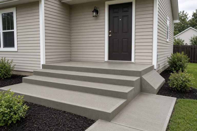 New broom-finish front steps and landing at a ranch door — Concrete Steps in Merrillville