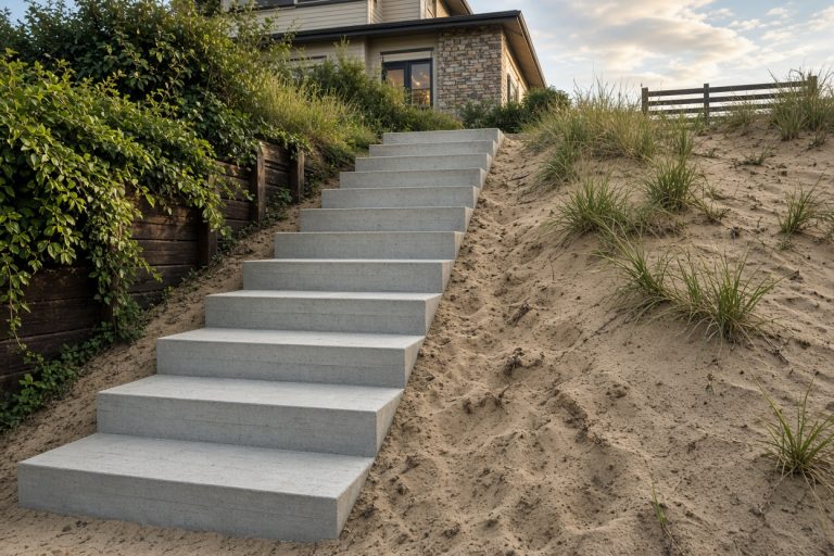 Finished concrete steps from the street up to a dune house — Concrete Steps in Ogden Dunes