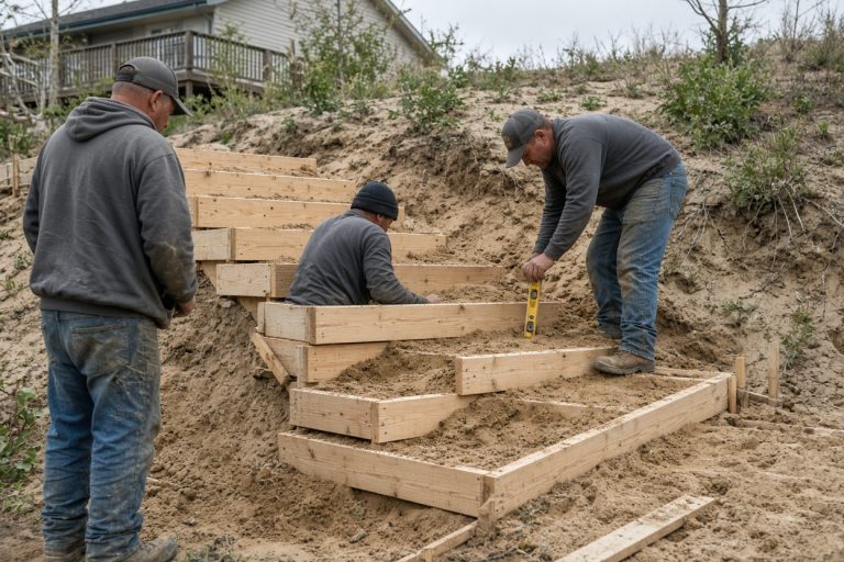 Crew forming new exterior steps on a sandy sloped lot — Concrete Steps in Ogden Dunes