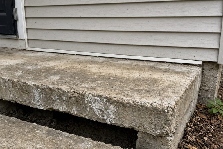 Open gap between a settled stoop and the house siding — Concrete Steps in Portage