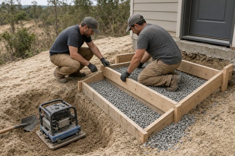 Crew forming entry steps on a sandy sloping lot — Concrete Steps in Porter