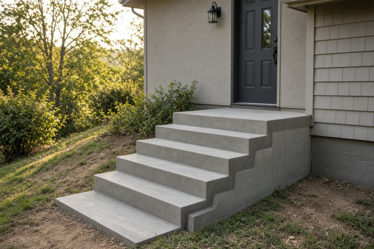 Finished entry steps meeting a front door on a sloped yard — Concrete Steps in Porter