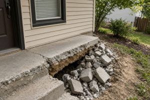 Old entry steps broken out beside a front door — Concrete Steps in Porter