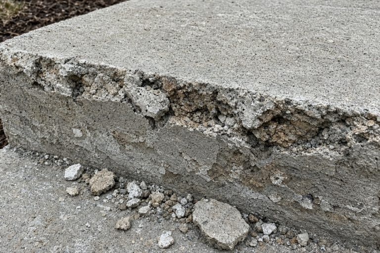 Crumbling front edge of a concrete entry step with flaking surface — Concrete Steps in South Haven