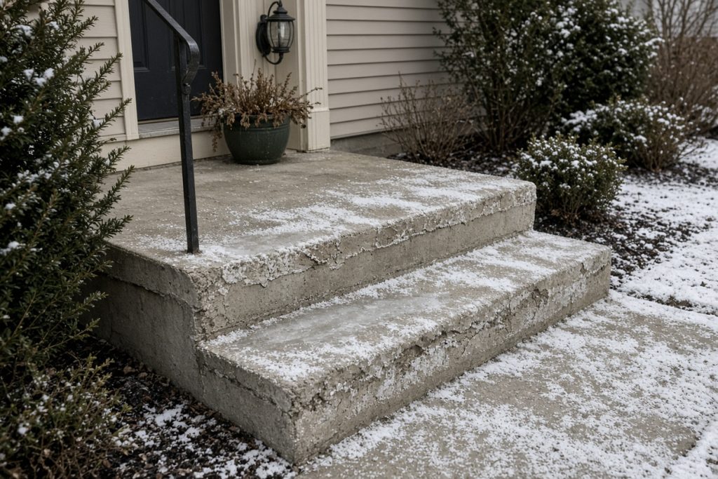 Salt crust and thin ice on a worn concrete step nose — Concrete Steps in South Haven