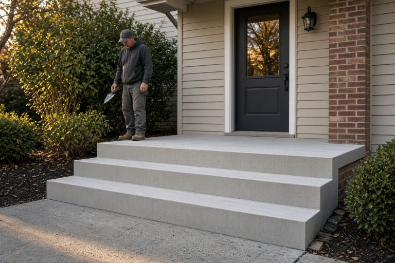 Finished broom-finish entry steps with clean square noses — Concrete Steps in South Haven