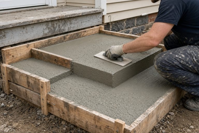 Fresh concrete placed in front step forms — Concrete Steps in Valparaiso