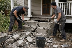 Crew breaking out cracked front steps beside a porch — Concrete Steps in Valparaiso