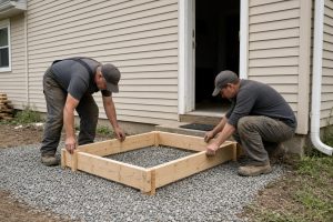 Workers setting wood forms on gravel for a new front stoop — Concrete Steps in Wheeler