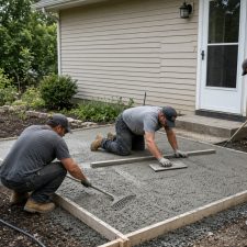 Crew forming a small patio off a kitchen door on an older house — Decorative Concrete in Chesterton