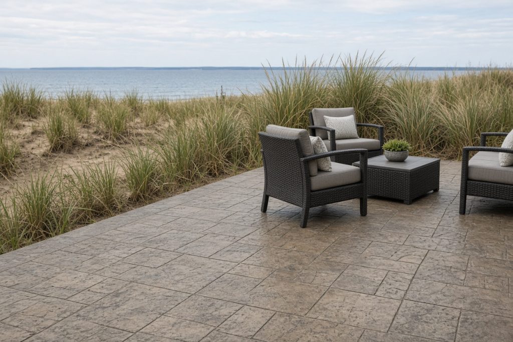 Stamped patio with chairs set near dune grass — Decorative Concrete in Porter