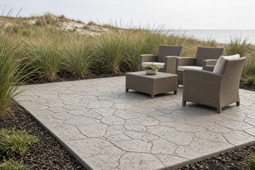 Stamped patio with chairs set near dune grass — Decorative Concrete in Porter