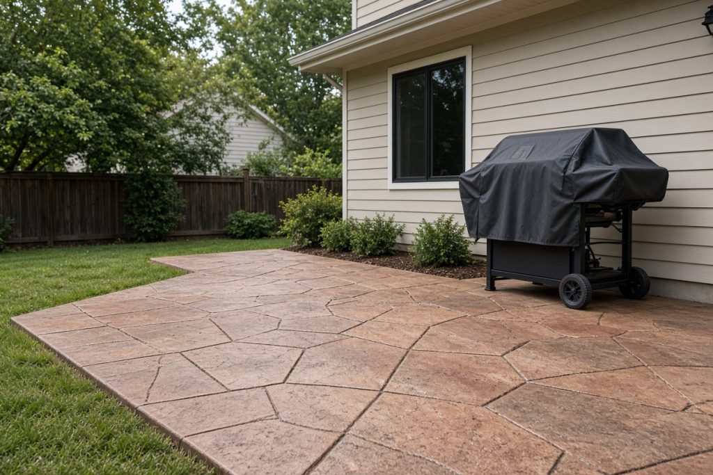 Colored stamped concrete patio with a grill beside a house — Decorative Concrete in Porter