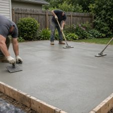 Crew coloring and stamping a backyard patio slab — Decorative Concrete in South Haven