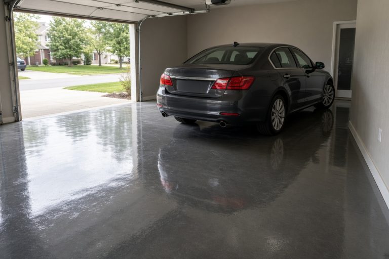 Glossy coated garage floor with a parked sedan — Epoxy Flooring in Crown Point