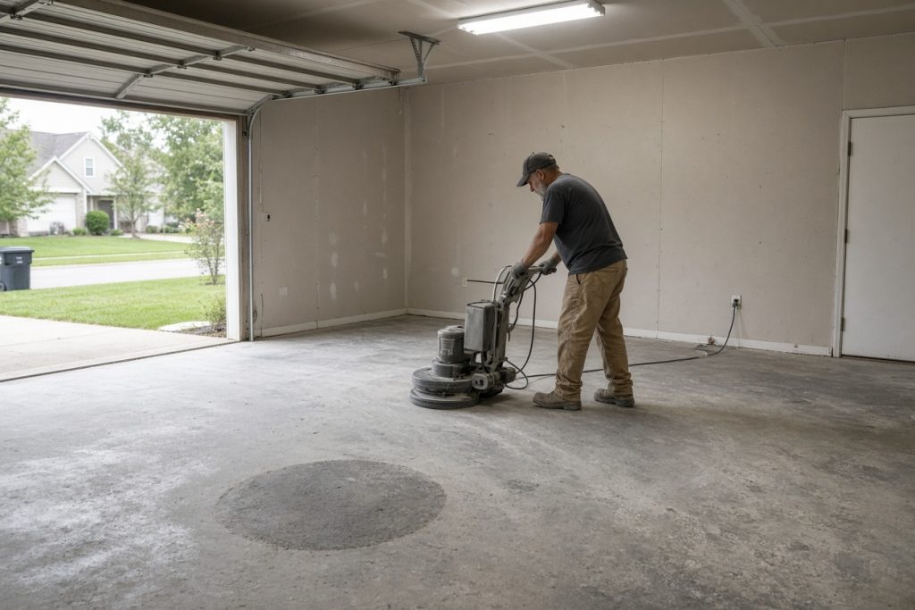 Worker grinding a bare garage slab before coating — Epoxy Flooring in Crown Point