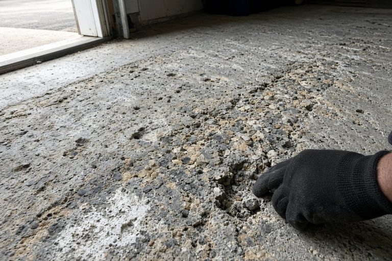 Pitted garage concrete with exposed stone in the tire path - Epoxy Flooring in Dyer