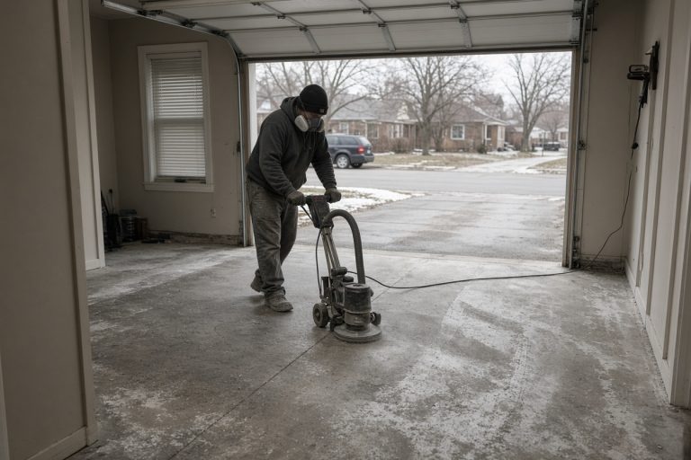 Worker grinding a salt-stained garage slab — Epoxy Flooring in East Chicago